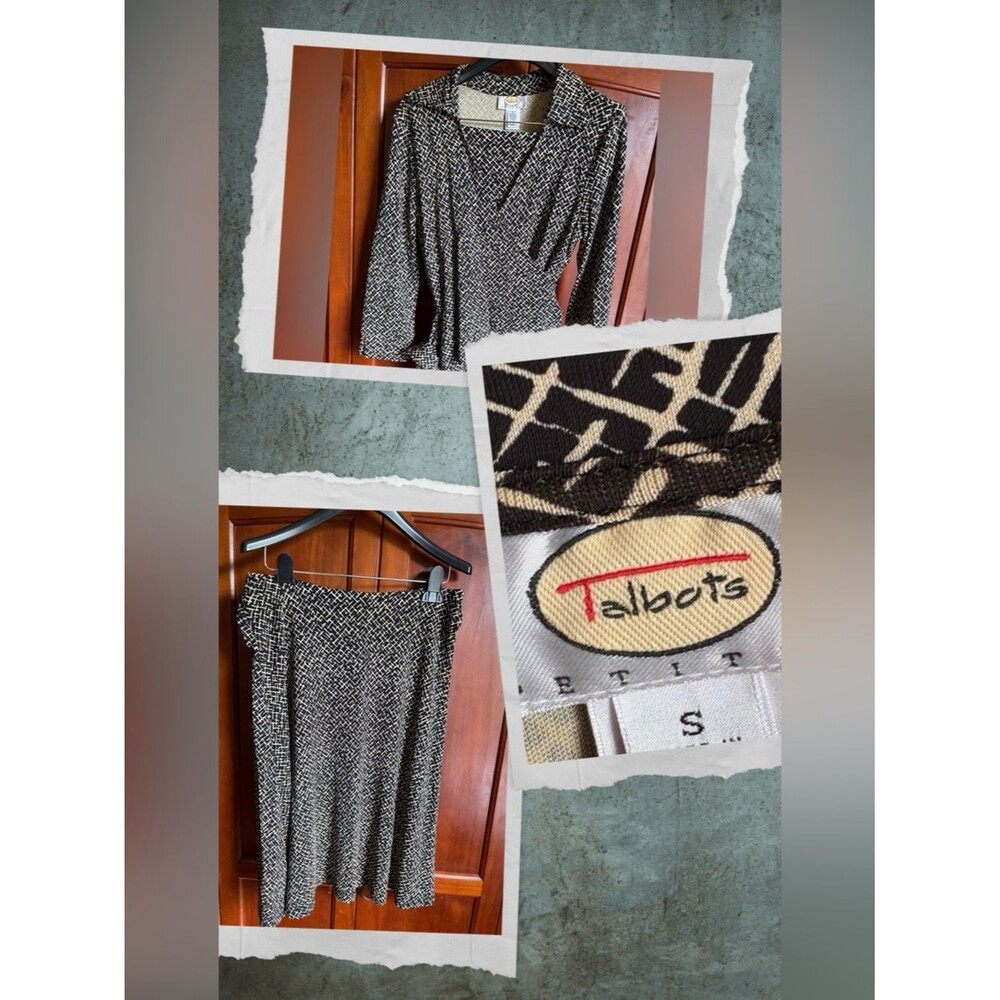 Talbots Black and Cream Patterned Blouse & Skirt Suit #1346/1347